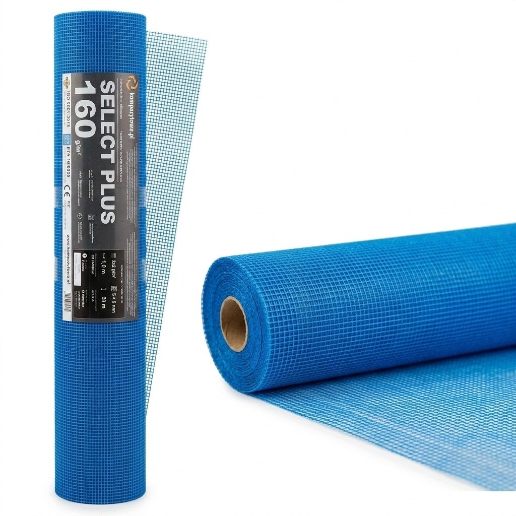 Siatka elewacyjna SELECT PLUS 160 g/m² – rolka i rozwinięta siatka
