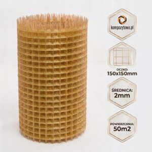 Siatka zbrojeniowa GFRP Ø2 mm, oczko 150×150 mm, 50 m²